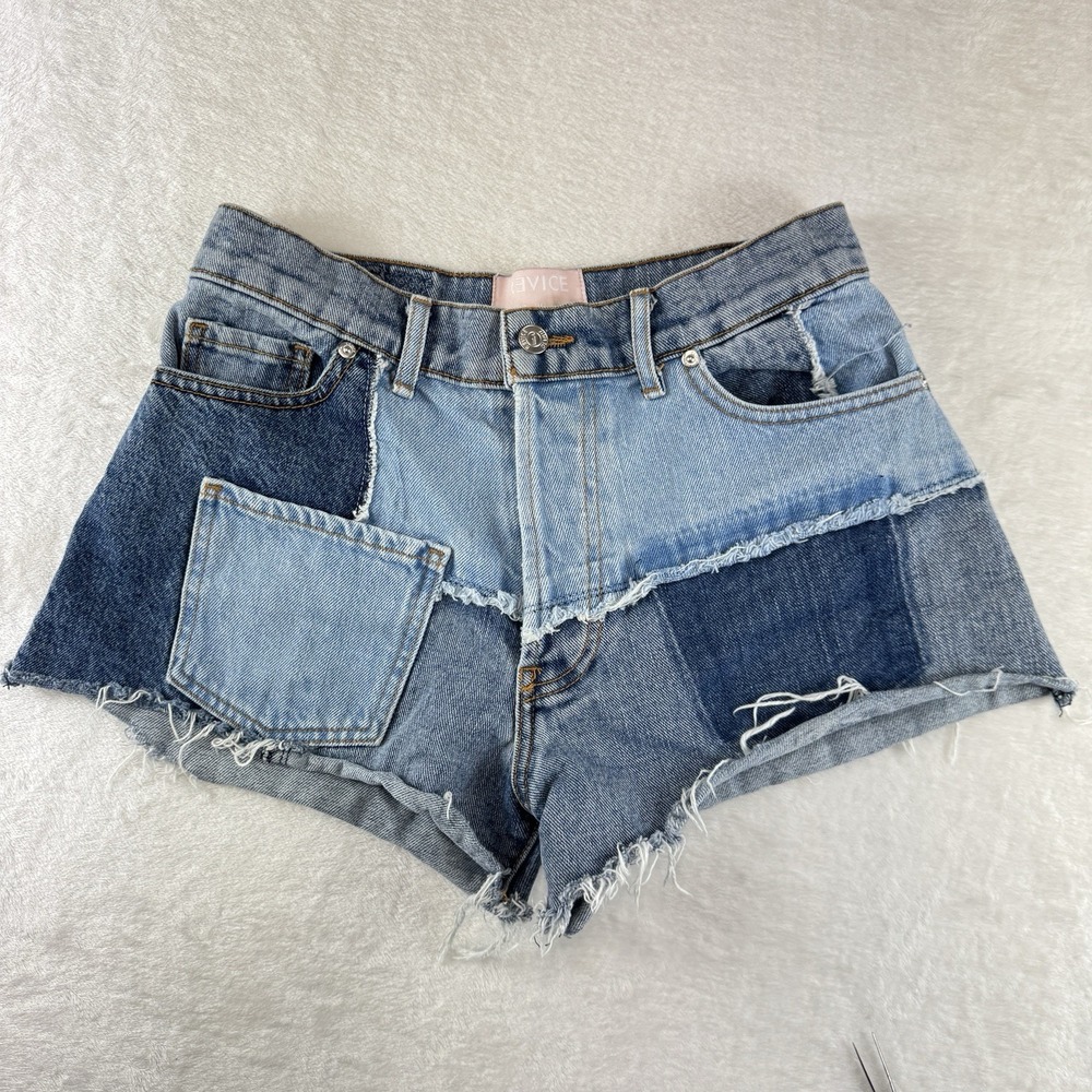 Revice‎ Denim Patchwork Shorts Women 28 Blue Multi Frayed Hem Boho Festival 90s